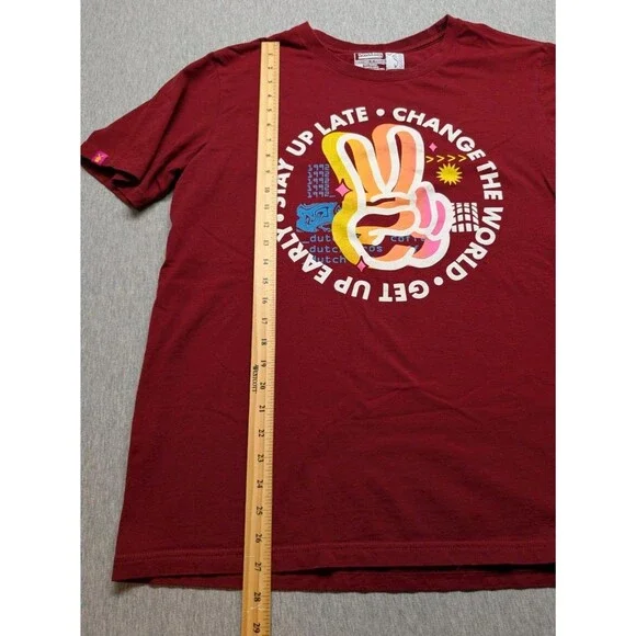 Dutch Bros Coffee Men Shirt XL Red Peace Sign Stay Up late Change the World - Picture 5 of 7